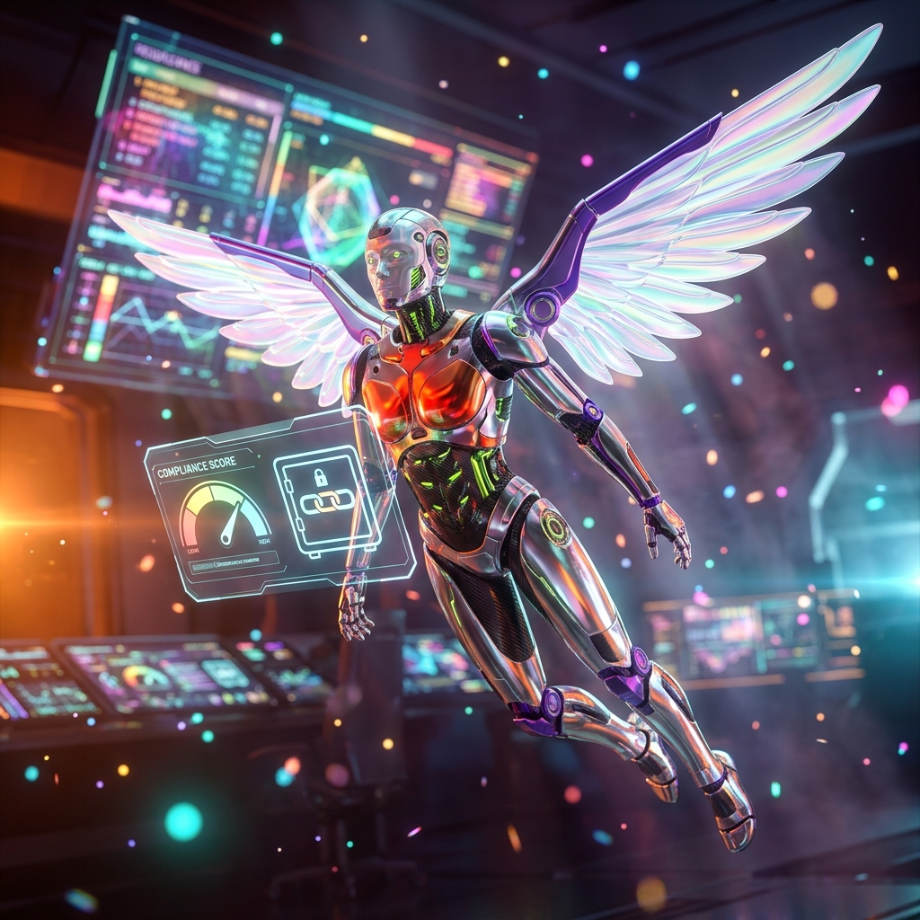 RegulaCore — Compliance Intelligence Ledger — Automation category hero — courier-style android with iridescent wings unfurled, mid-flight silhouette against the environment in futuristic control room with massive glowing holographic screens and volumetric light rays