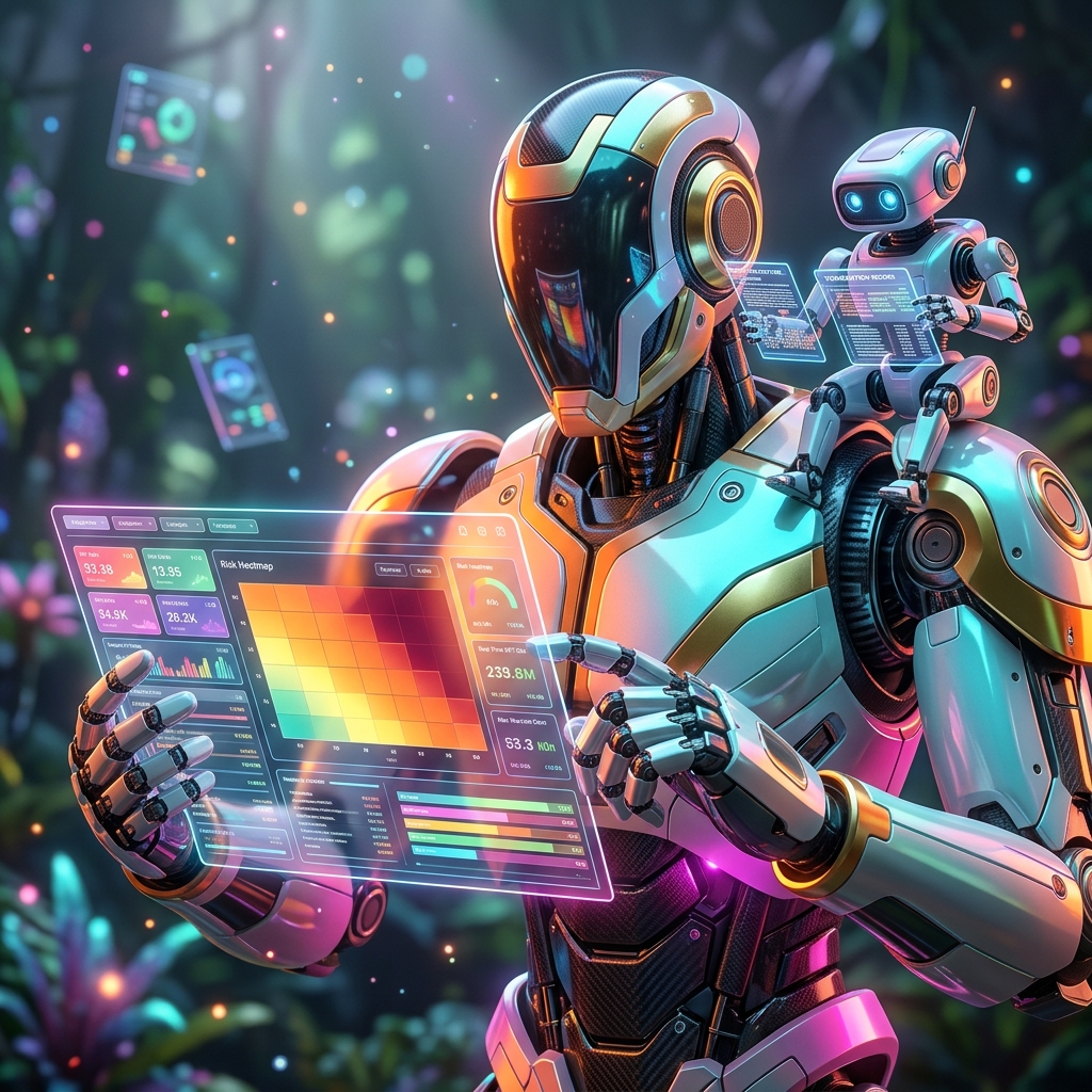 RegulaFlow · Compliance Intelligence Ledger — Business Management category hero — duo of contrasting robots — one large hero mech and a small companion droid — composed cinematically in alien jungle biome with glowing flora and floating tech artifacts