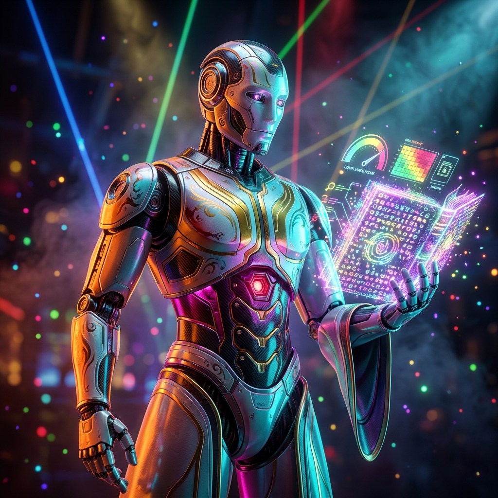 RegulaForge — Compliance Intelligence Ledger — 3D Modeling category hero — sci-fi wizard robot with a floating spellbook of holographic glyphs and light particles in underground rave-like data cathedral with laser beams cutting through smoke