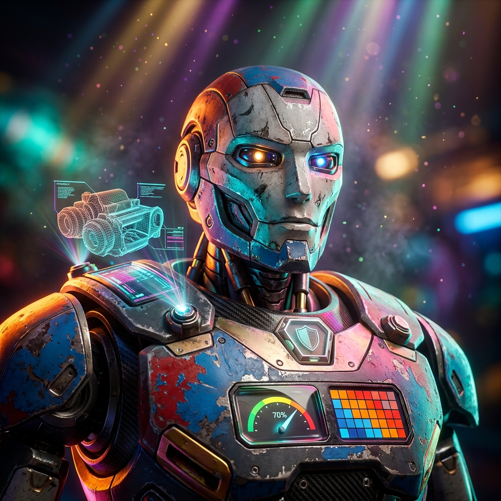 RegulaLedger — Compliance Intelligence Ledger — 3D Modeling category hero — war-worn but heroic mech pilot robot with painted panels, weathered detail, cinematic hero lighting in dark cinematic stage with dramatic spotlights streaming down and a hazy atmospheric fog