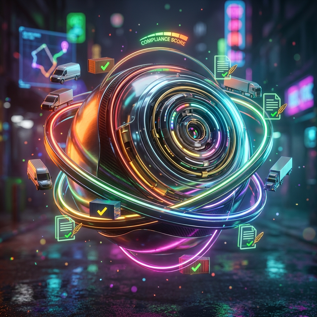RegulaLedger — Compliance Intelligence Ledger for Courier Fleets — Shipping & Logistics category hero — floating spherical AI orb with concentric glowing rings and orbiting holographic icons around it in neon-lit cyberpunk street at night, wet pavement reflections, hovering holograms in the background
