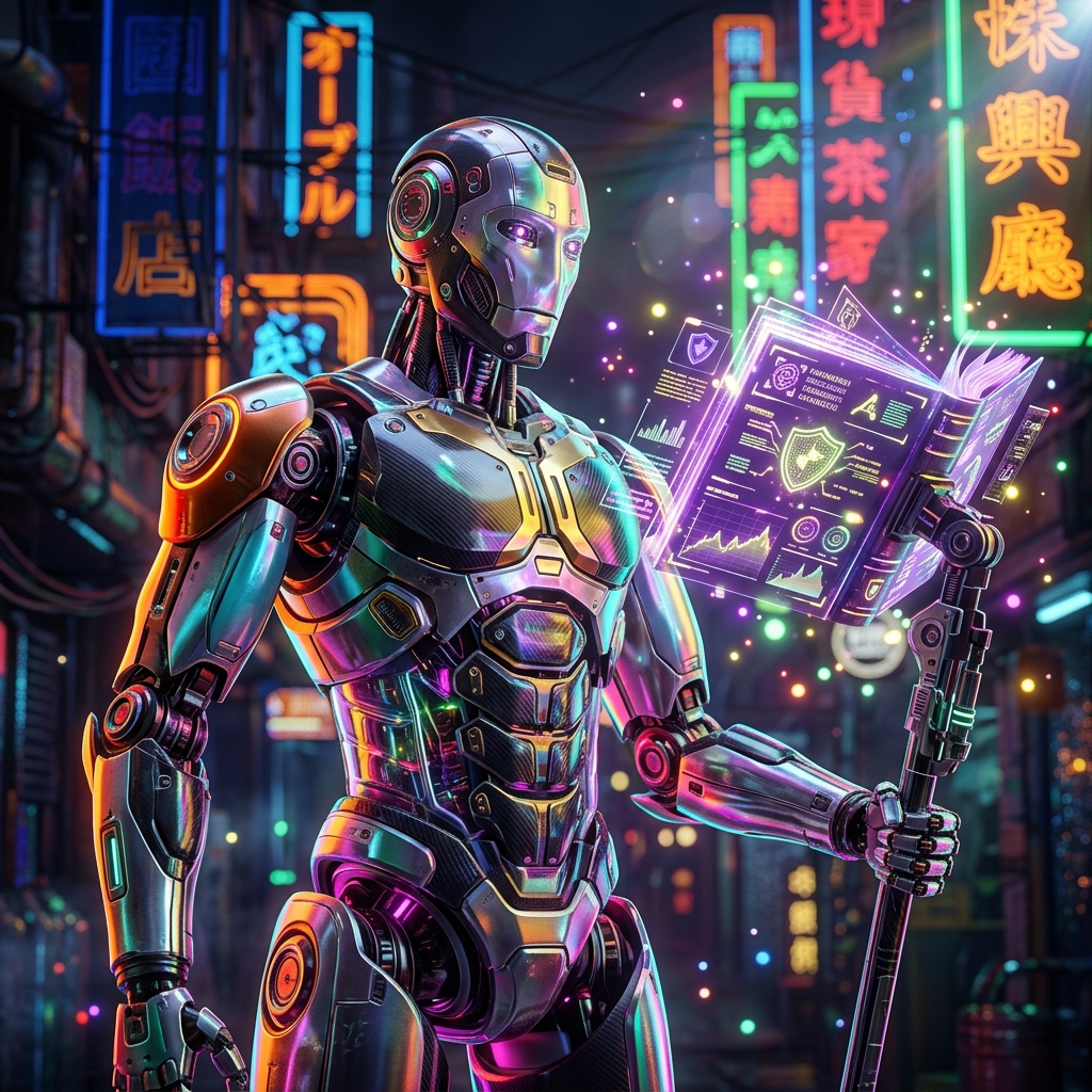 RegulaScope — Compliance Intelligence Ledger — 3D Modeling category hero — sci-fi wizard robot with a floating spellbook of holographic glyphs and light particles in Blade-Runner-style noodle-shop alley with dense neon signage in the background