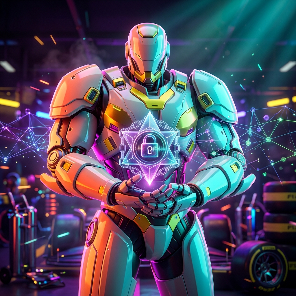 RegulChain – Compliance Intelligence Ledger — Blockchain category hero — heavily armored guardian robot holding a symbolic emblem of the category with both hands in Formula-1 style pit garage with saturated color lighting and mechanical detail