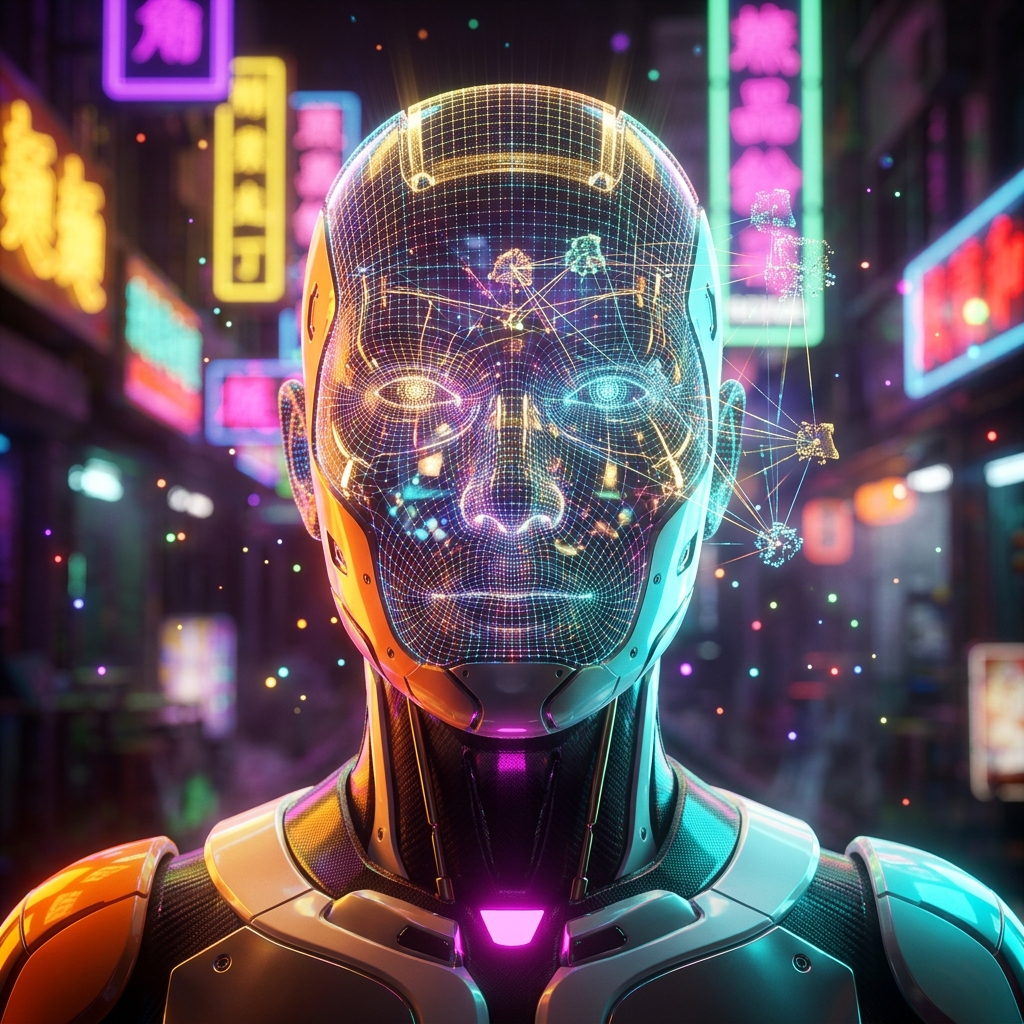 ReguLedger · Compliance Intelligence Ledger — 3D Modeling category hero — wireframe holographic human head made of glowing data points, floating in the frame center in Blade-Runner-style noodle-shop alley with dense neon signage in the background