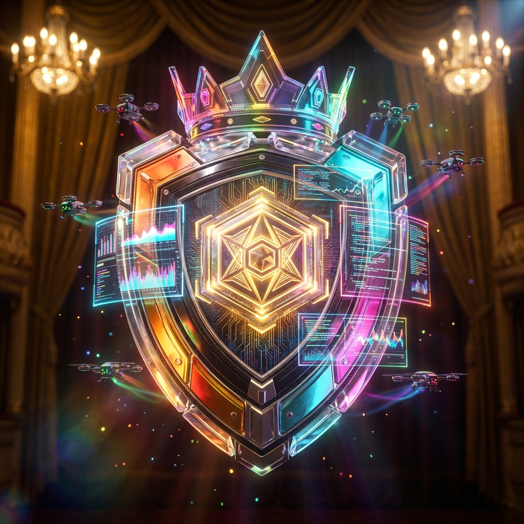 ReguLedger · Compliance Intelligence Ledger Compliance 3 — 3D Modeling category hero — glowing digital shield / padlock / crown / crystal object at the frame center, protected by hovering tech drones in golden-lit theater interior with heavy velvet curtains and cinematic chandeliers