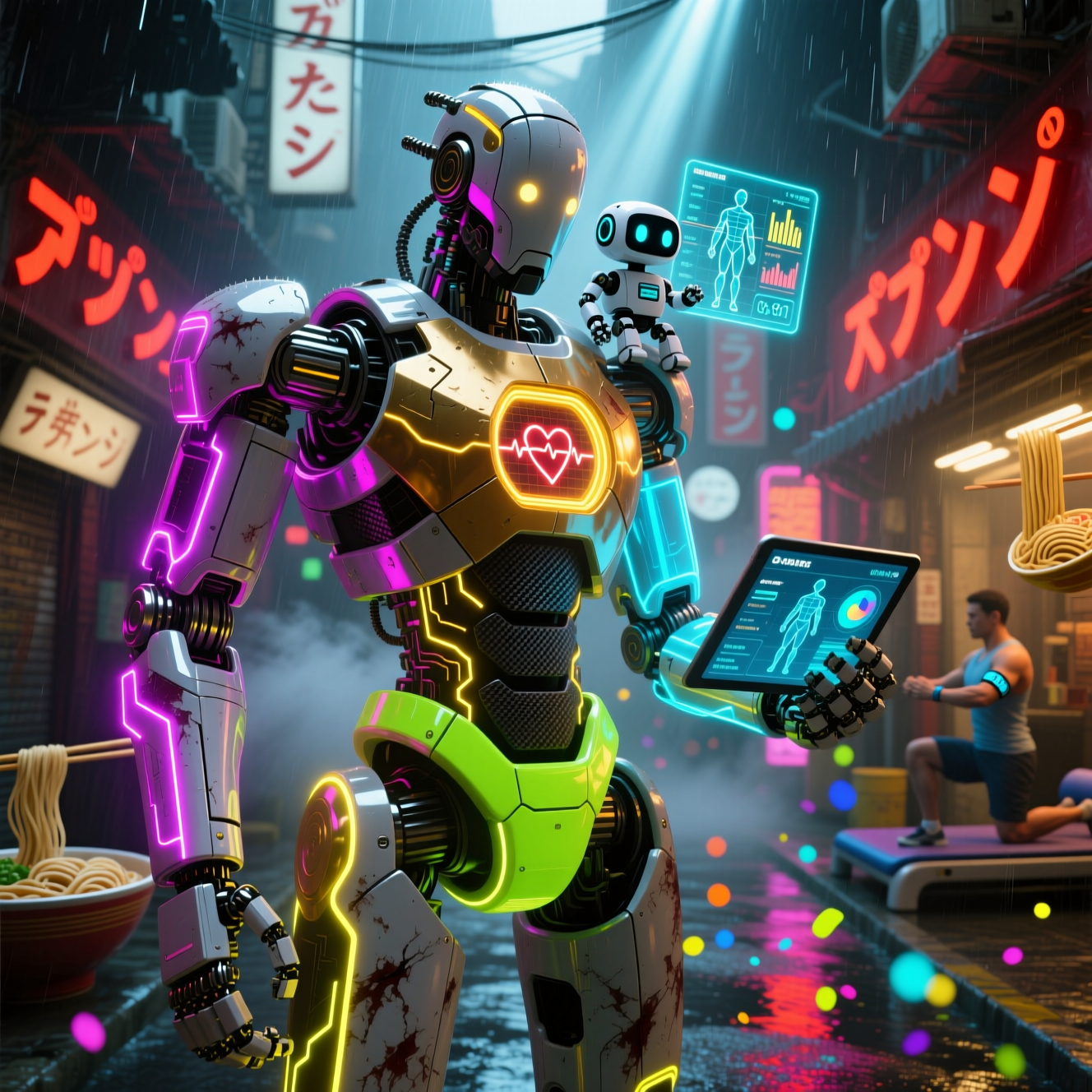 Rehab Progress Studio — Physiotherapy Recovery Command — IoT category hero — duo of contrasting robots — one large hero mech and a small companion droid — composed cinematically in Blade-Runner-style noodle-shop alley with dense neon signage in the background