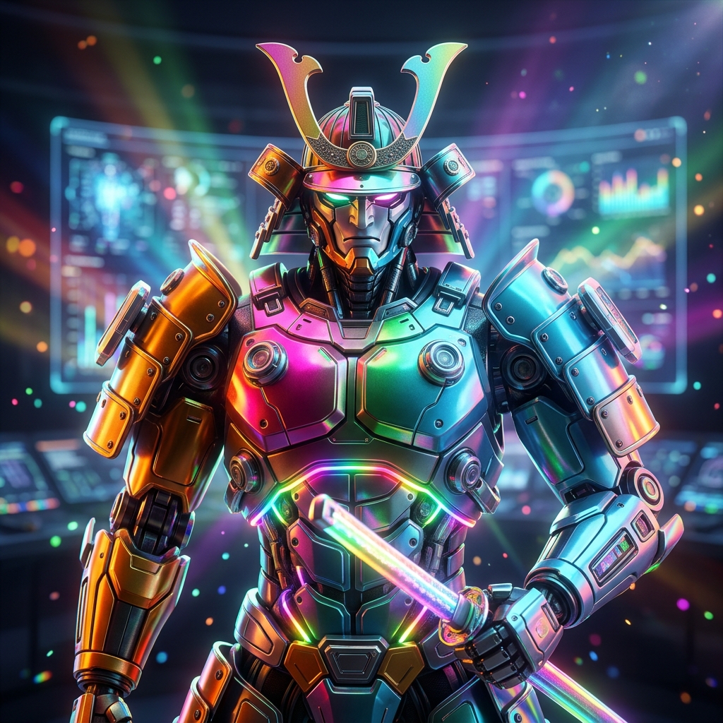 RehabADL Studio — Occupation Therapy Operations — Medical Services category hero — majestic samurai-styled mech in lacquered armor with neon under-glow, katana of light in hand in futuristic control room with massive glowing holographic screens and volumetric light rays