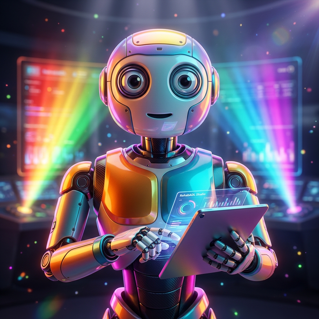 RehabADL Studio | Occupational Therapy Command โ Medical Services category hero โ friendly Pixar-quality mascot robot with big expressive optical eyes, holding an object that represents the category in futuristic control room with massive glowing holographic screens and volumetric light rays