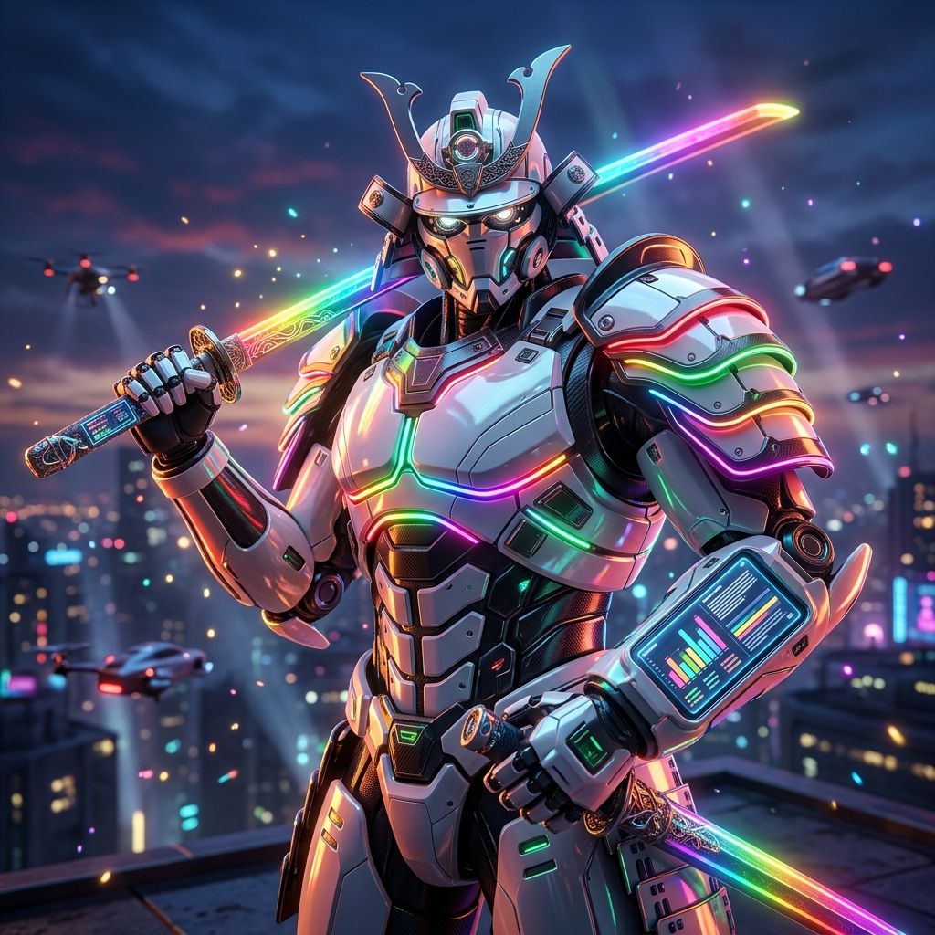 RehabADL Studio — Occupational Therapy Intelligence Board — Digital Health category hero — majestic samurai-styled mech in lacquered armor with neon under-glow, katana of light in hand in rooftop overlooking a neon megacity skyline at dusk, drones flying in the distance