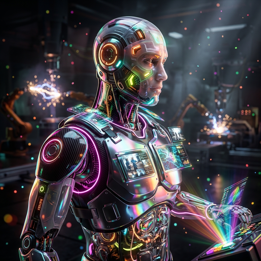 RelayGrid Dispatch — Field Operations Command — Video Conferencing category hero — cinematic cyborg character seen in three-quarter profile, exposed circuitry glowing beneath translucent skin, intense neon rim light in magnetic-levitation factory floor with sparking arcs of electricity and machinery