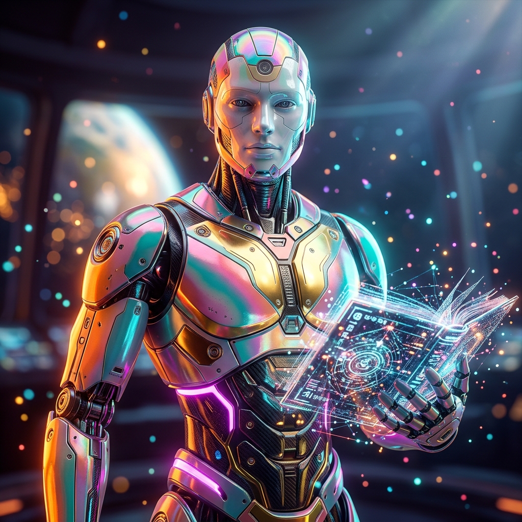 RelayGrid — Supply Chain Neural Board — Accessibility category hero — sci-fi wizard robot with a floating spellbook of holographic glyphs and light particles in orbital space station observation deck with a planet glowing outside the panoramic window