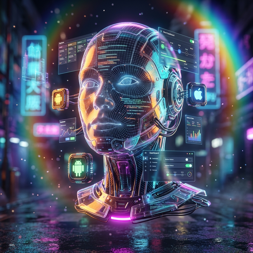 ReleaseFoundry — Mobile Release Command — Developer Tools category hero — wireframe holographic human head made of glowing data points, floating in the frame center in neon-lit cyberpunk street at night, wet pavement reflections, hovering holograms in the background