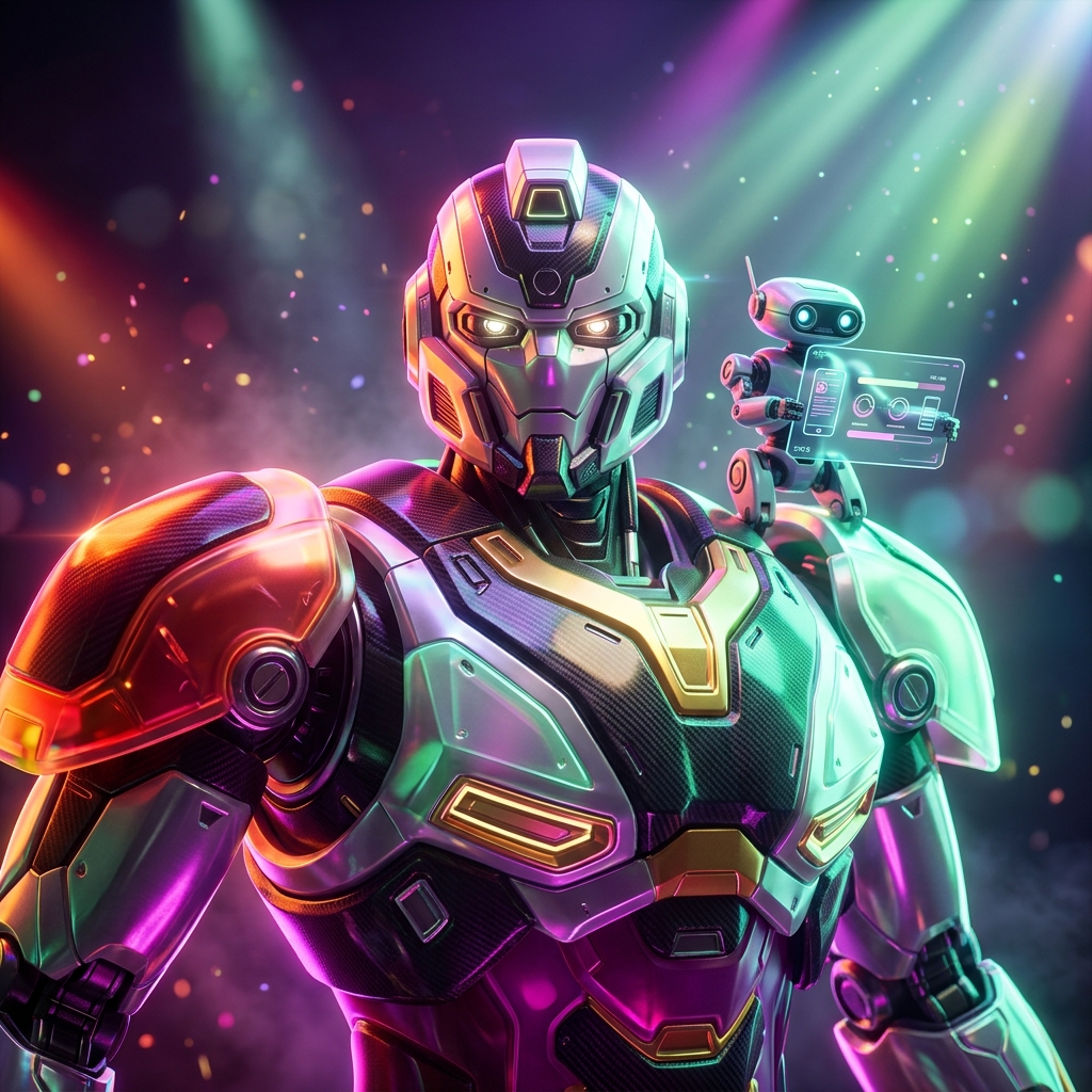 ReleaseFoundry | Mobile Release Command — Developer Tools category hero — duo of contrasting robots — one large hero mech and a small companion droid — composed cinematically in dark cinematic stage with dramatic spotlights streaming down and a hazy atmospheric fog