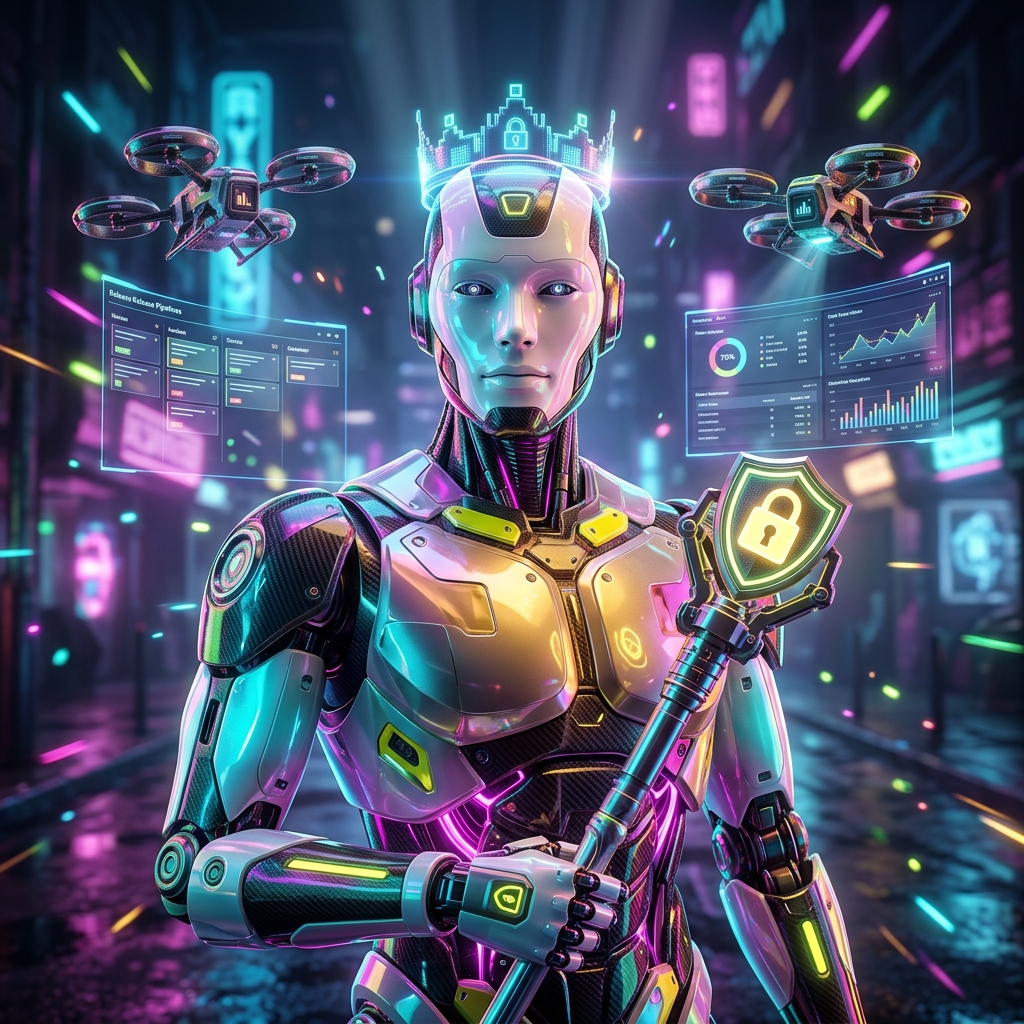 ReleasePilot Command — Mobile Release War Room — Developer Tools category hero — glowing digital shield / padlock / crown / crystal object at the frame center, protected by hovering tech drones in neon-lit cyberpunk street at night, wet pavement reflections, hovering holograms in the background