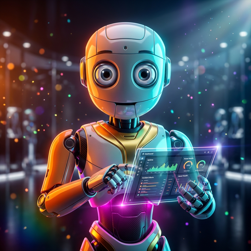Reliability Command | Asset & Incident Console — Business category hero — friendly Pixar-quality mascot robot with big expressive optical eyes, holding an object that represents the category in chrome-and-glass showroom with mirrored floor and rim-lit product staging