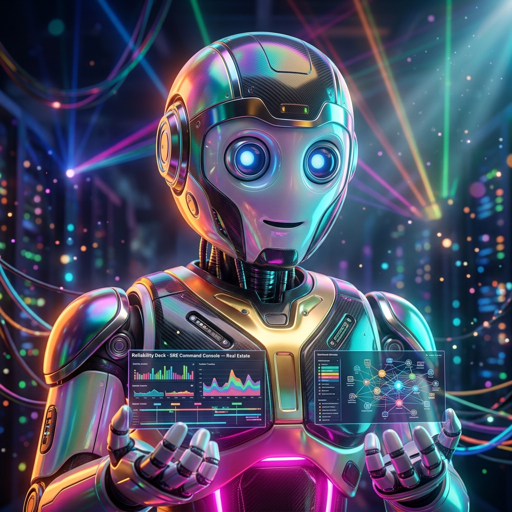 Reliability Deck · SRE Command Console — Real Estate category hero — friendly Pixar-quality mascot robot with big expressive optical eyes, holding an object that represents the category in underground rave-like data cathedral with laser beams cutting through smoke