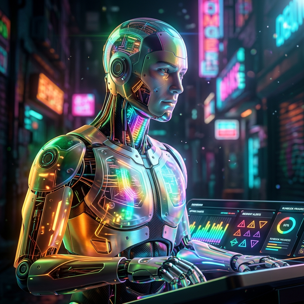 Reliability Foundry — Engineering Reliability Console — Engineering category hero — cinematic cyborg character seen in three-quarter profile, exposed circuitry glowing beneath translucent skin, intense neon rim light in Blade-Runner-style noodle-shop alley with dense neon signage in the background