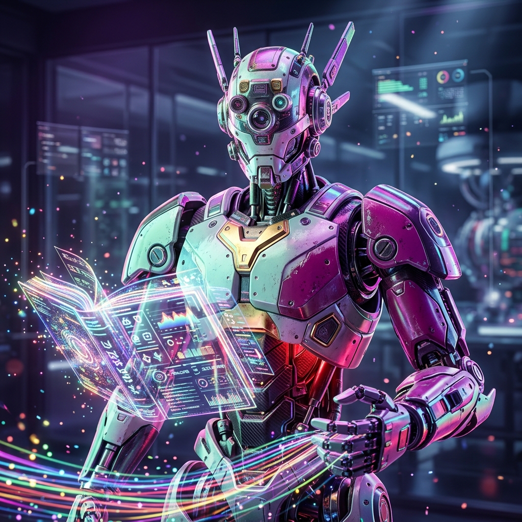 Reliability Foundry | Engineering Uptime & Incident Command — Monitoring category hero — sci-fi wizard robot with a floating spellbook of holographic glyphs and light particles in sleek high-tech laboratory with glass walls, floating data panels and particle light