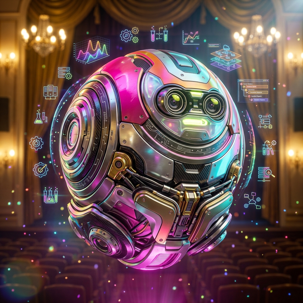 Reliability Grid | Engineering Reliability Console — Tutorials category hero — floating spherical AI orb with concentric glowing rings and orbiting holographic icons around it in golden-lit theater interior with heavy velvet curtains and cinematic chandeliers