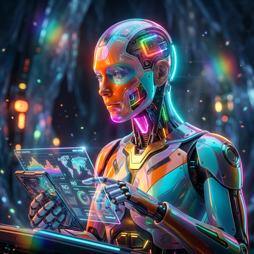 ReliabilityGrid | Energy Reliability Console — Energy category hero — cinematic cyborg character seen in three-quarter profile, exposed circuitry glowing beneath translucent skin, intense neon rim light in crystalline ice cavern lit by bioluminescent tech installations