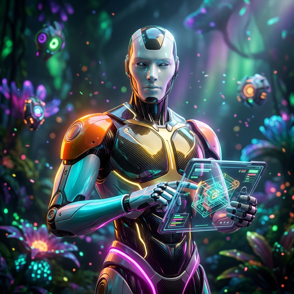 ReliabilityGrid | Engineering Reliability Console — Wiki category hero — sleek sports-car-inspired bipedal android mid-motion, carbon-fiber musculature and glowing accent lines in alien jungle biome with glowing flora and floating tech artifacts