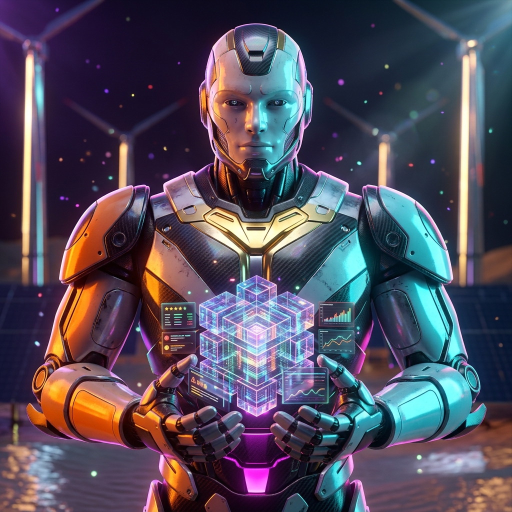 ReliabilityGrid | Reputation & Review Command Console โ Business Management category hero โ heavily armored guardian robot holding a symbolic emblem of the category with both hands in desert solar farm at magic hour with reflective sand and towering chrome pylons