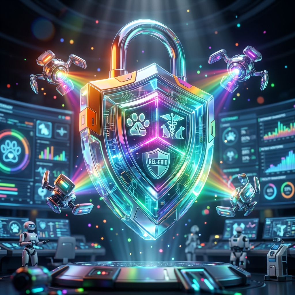 ReliabilityGrid | Veterinary & Pet Care Management — Pet Care category hero — glowing digital shield / padlock / crown / crystal object at the frame center, protected by hovering tech drones in futuristic control room with massive glowing holographic screens and volumetric light rays