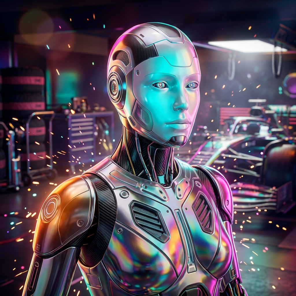 ReliabilityHub — Engineering Reliability Console — Engineering category hero — chrome-plated bipedal android caught mid-motion, sparks and light particles trailing around it in Formula-1 style pit garage with saturated color lighting and mechanical detail