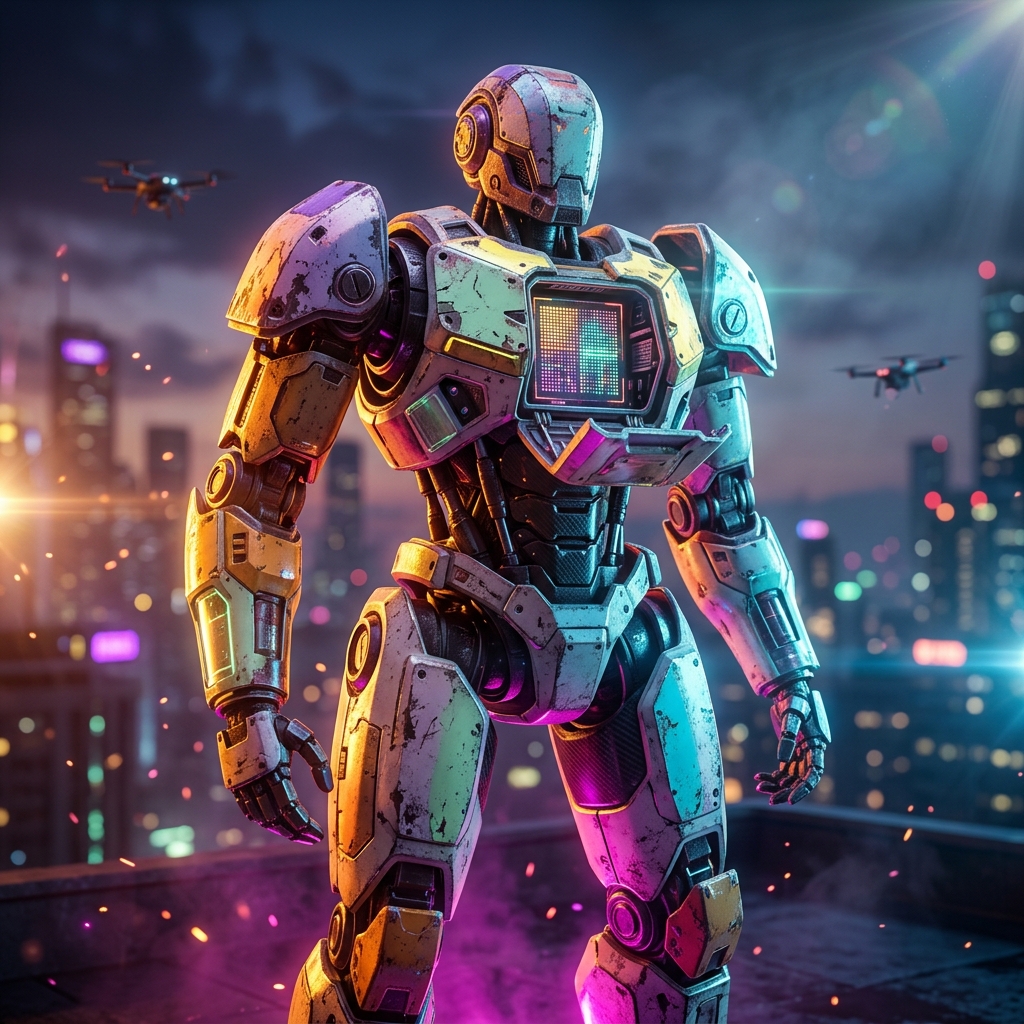 ReliaGrid — Maintenance & CMMS Supply Chain Neural Board — Business Management category hero — war-worn but heroic mech pilot robot with painted panels, weathered detail, cinematic hero lighting in rooftop overlooking a neon megacity skyline at dusk, drones flying in the distance