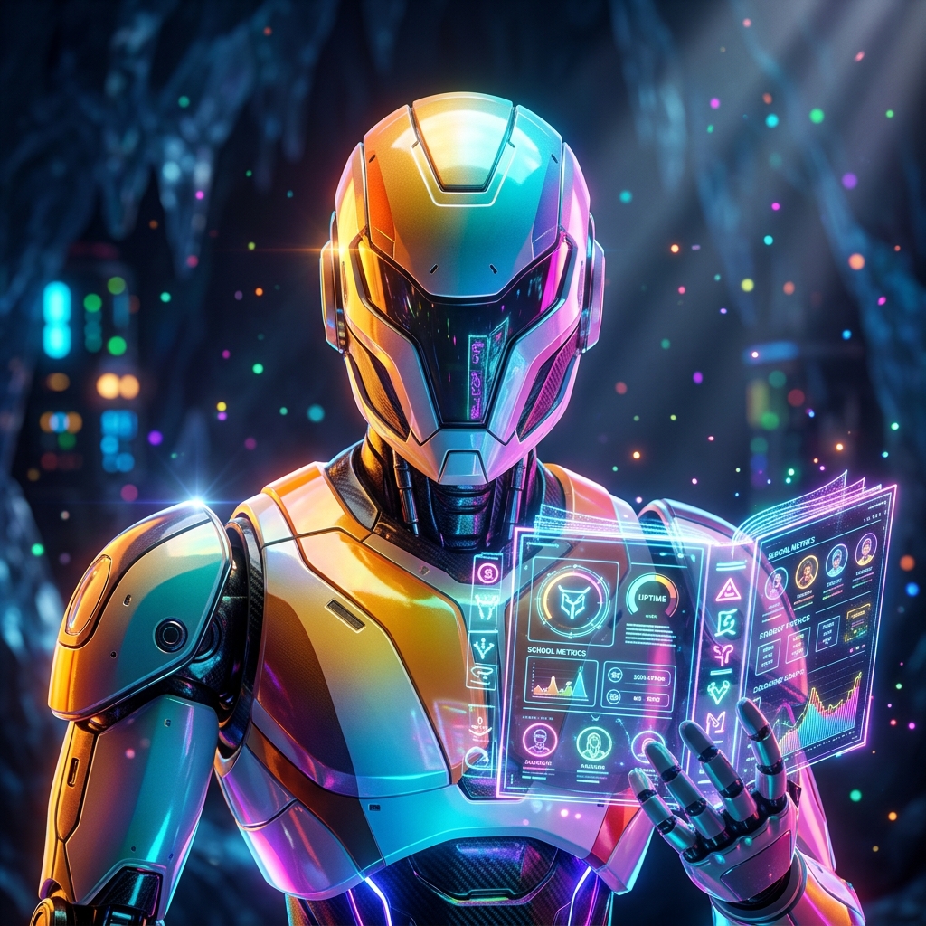 ReliaGrid — School Administration & Engineering Reliability Cons — Education category hero — sci-fi wizard robot with a floating spellbook of holographic glyphs and light particles in crystalline ice cavern lit by bioluminescent tech installations
