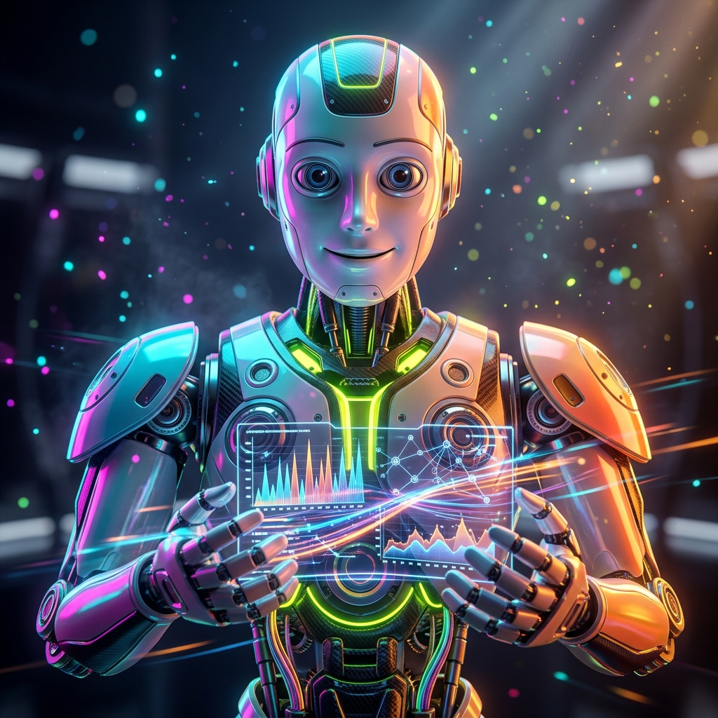 ReliantGrid — Engineering Reliability Console — AI Tools category hero — friendly Pixar-quality mascot robot with big expressive optical eyes, holding an object that represents the category in chrome-and-glass showroom with mirrored floor and rim-lit product staging