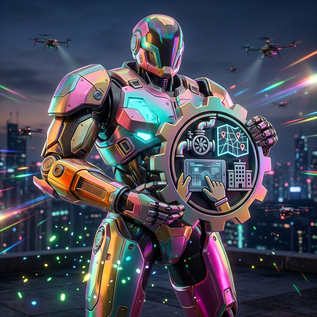 ReliantGrid — Maintenance & CMMS Field Operations — Business Management category hero — heavily armored guardian robot holding a symbolic emblem of the category with both hands in rooftop overlooking a neon megacity skyline at dusk, drones flying in the distance
