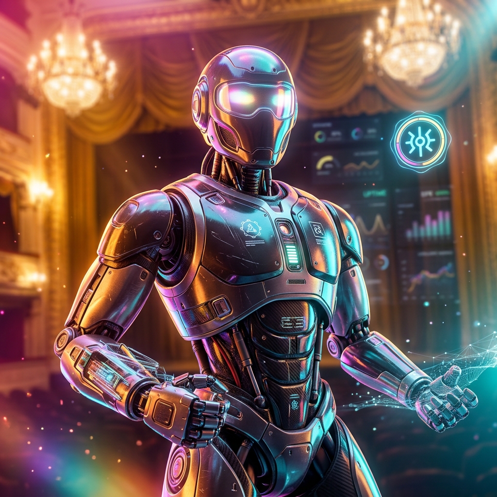 ReliantOps — Engineering Reliability Console — DevOps category hero — hyper-detailed humanoid robot with glossy plating and glowing visor eyes, striking a confident hero pose in the center of the frame in golden-lit theater interior with heavy velvet curtains and cinematic chandeliers
