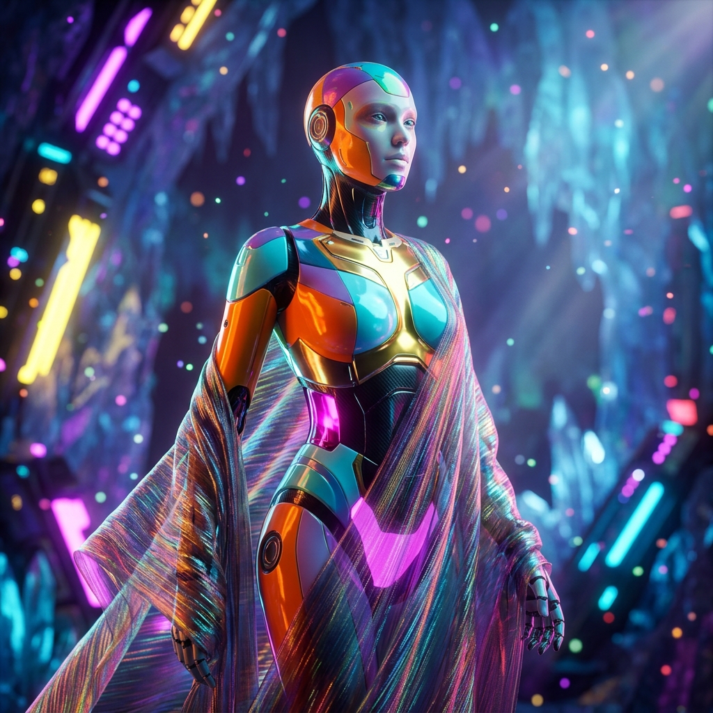 ReliaOps — CMMS Command Center — Business Management category hero — elegant fashion-forward android in flowing reflective couture fabric, editorial pose in crystalline ice cavern lit by bioluminescent tech installations