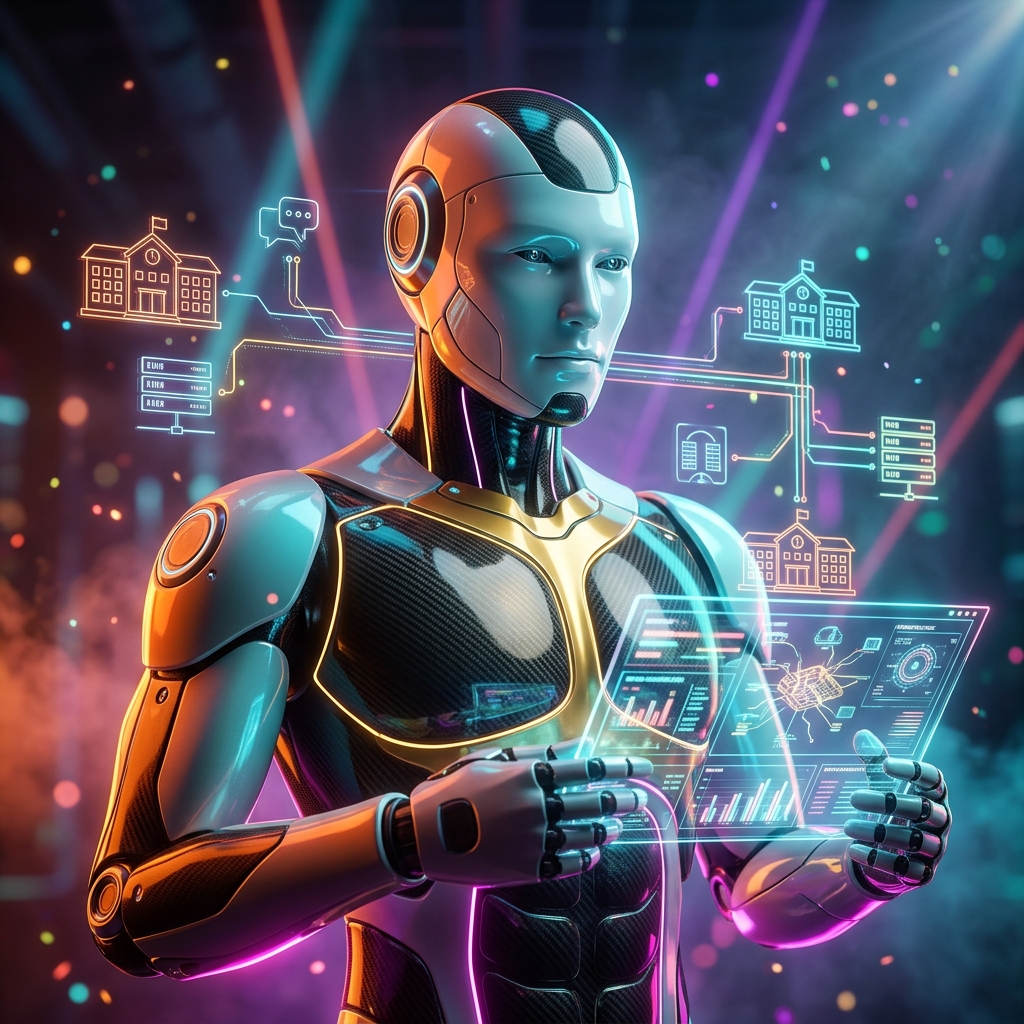 ReliGrid — School Operations & Engineering Reliability Console — Education category hero — sleek sports-car-inspired bipedal android mid-motion, carbon-fiber musculature and glowing accent lines in underground rave-like data cathedral with laser beams cutting through smoke