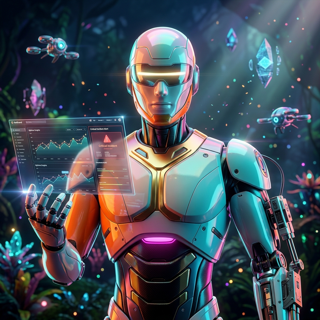 ReliGuard — Engineering Reliability Console — Engineering category hero — hyper-detailed humanoid robot with glossy plating and glowing visor eyes, striking a confident hero pose in the center of the frame in alien jungle biome with glowing flora and floating tech artifacts