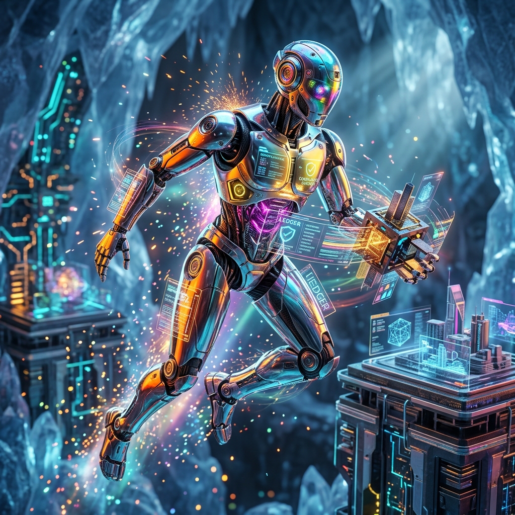 RenderLedger · Compliance Intelligence Ledger for 3D Design Tool — 3D Design Tools category hero — chrome-plated bipedal android caught mid-motion, sparks and light particles trailing around it in crystalline ice cavern lit by bioluminescent tech installations
