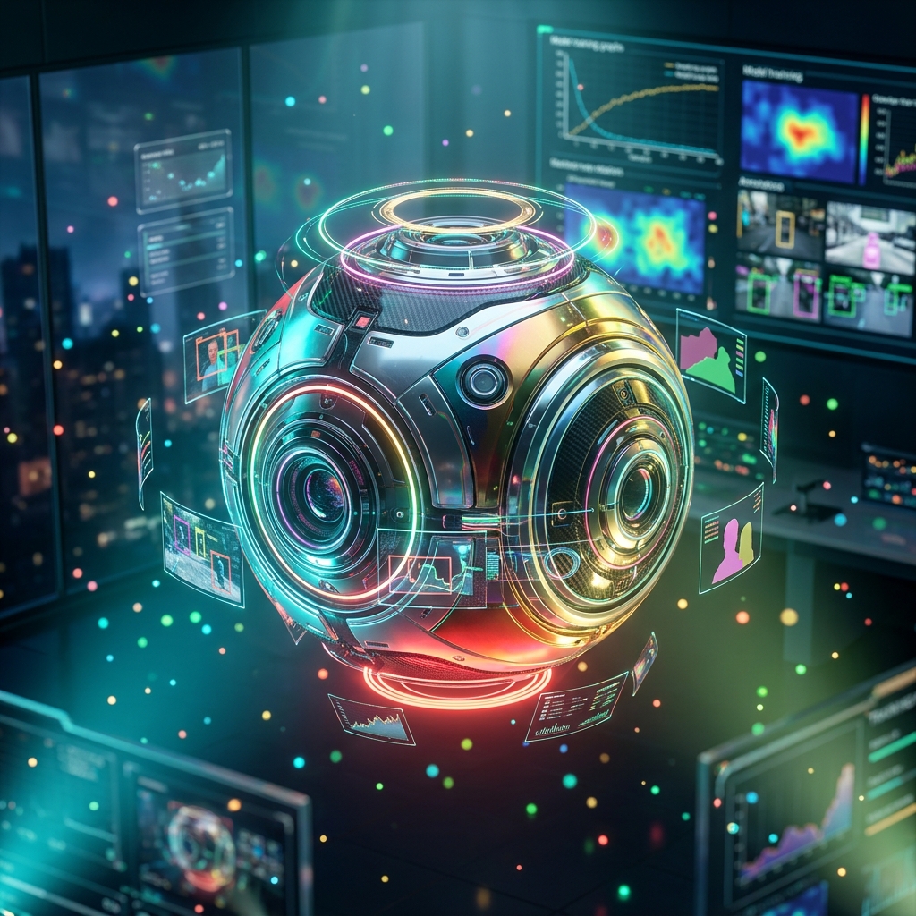 RenderPilot Studio | Computer Vision Production Suite — Computer Vision category hero — floating spherical AI orb with concentric glowing rings and orbiting holographic icons around it in sleek high-tech laboratory with glass walls, floating data panels and particle light