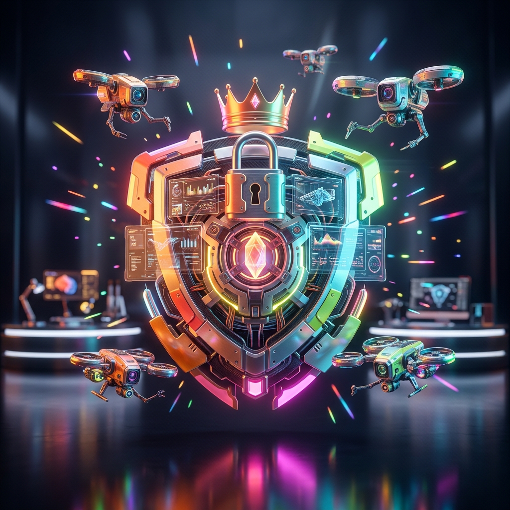 RenderPulse Studio — 3D Production Command Center — 3D Design Tools category hero — glowing digital shield / padlock / crown / crystal object at the frame center, protected by hovering tech drones in chrome-and-glass showroom with mirrored floor and rim-lit product staging