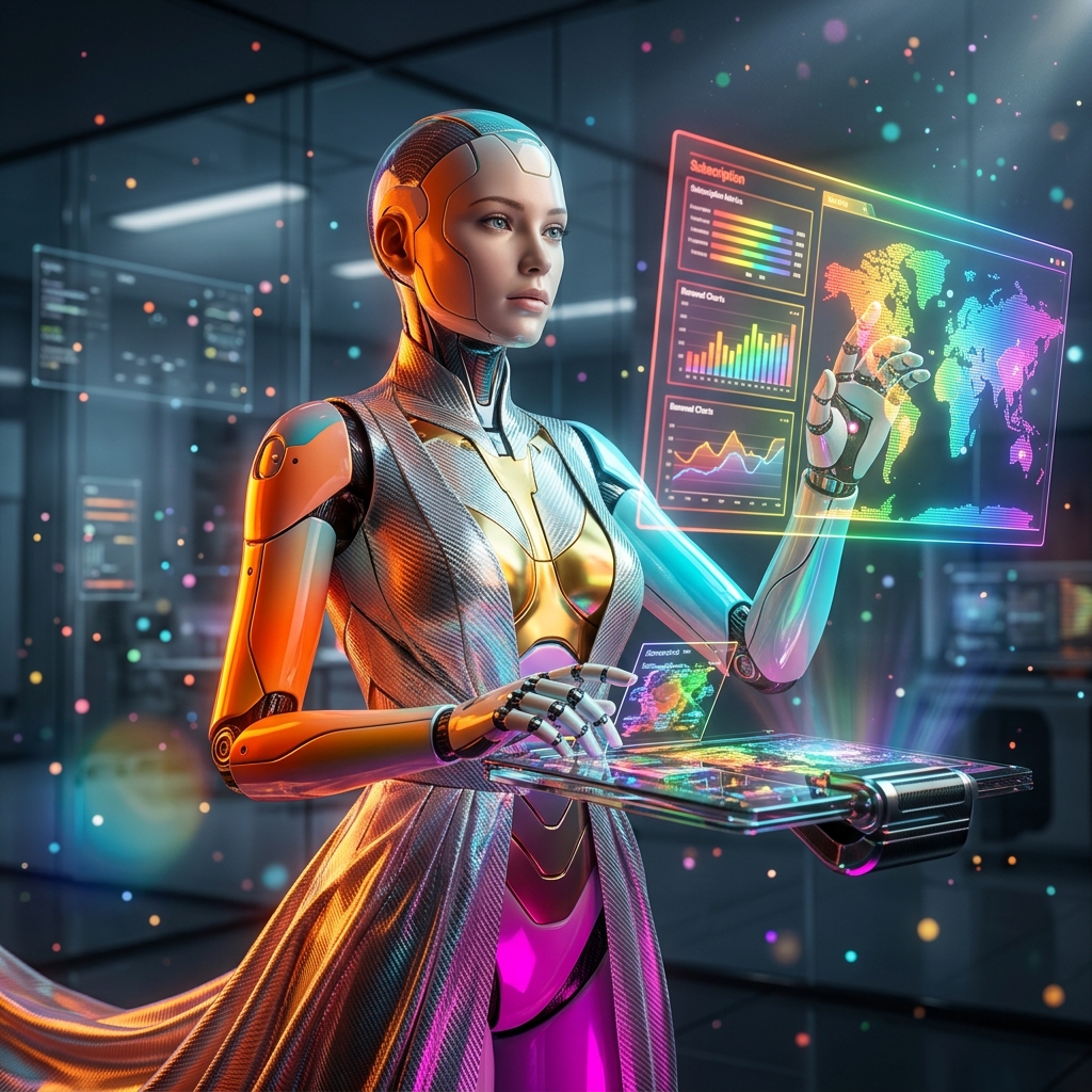 RenewGrid — Subscription Operations Terminal — Finance & Fintech category hero — elegant fashion-forward android in flowing reflective couture fabric, editorial pose in sleek high-tech laboratory with glass walls, floating data panels and particle light