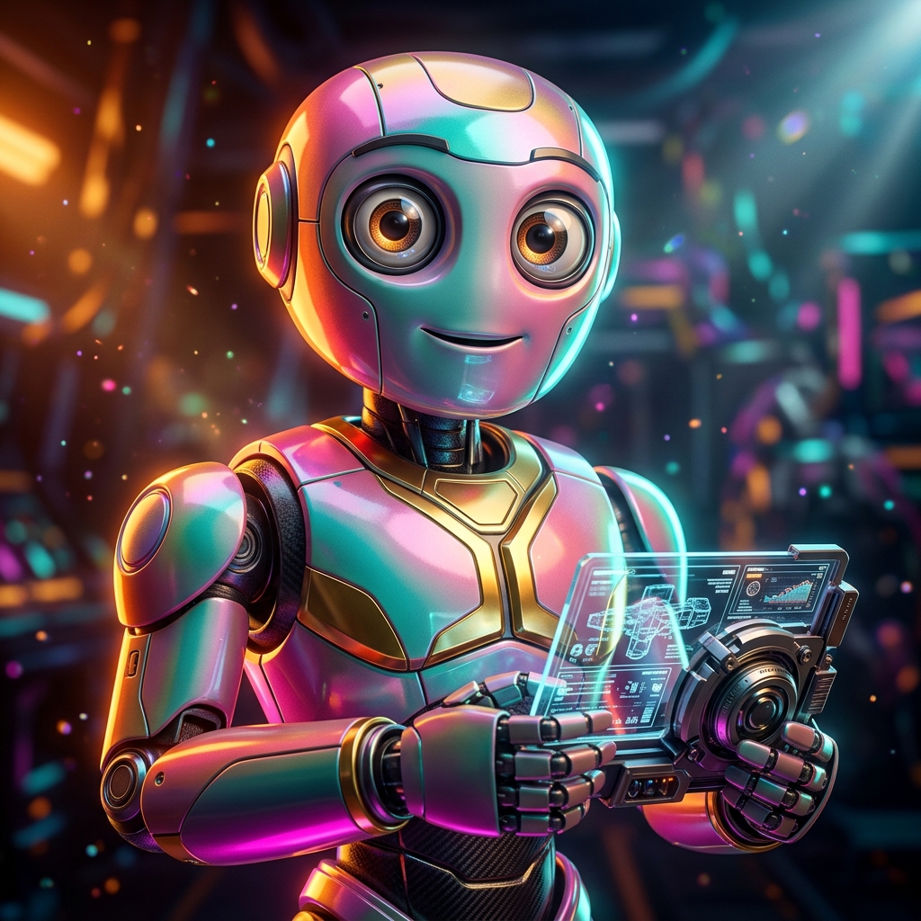 RentForge Terminal | Equipment Rental Command — Business Management category hero — friendly Pixar-quality mascot robot with big expressive optical eyes, holding an object that represents the category in Formula-1 style pit garage with saturated color lighting and mechanical detail