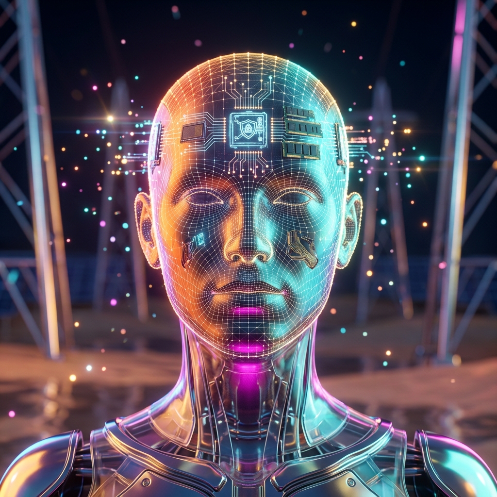 ReplicaForge — Backup & Disaster Recovery Command — Data Backup category hero — wireframe holographic human head made of glowing data points, floating in the frame center in desert solar farm at magic hour with reflective sand and towering chrome pylons