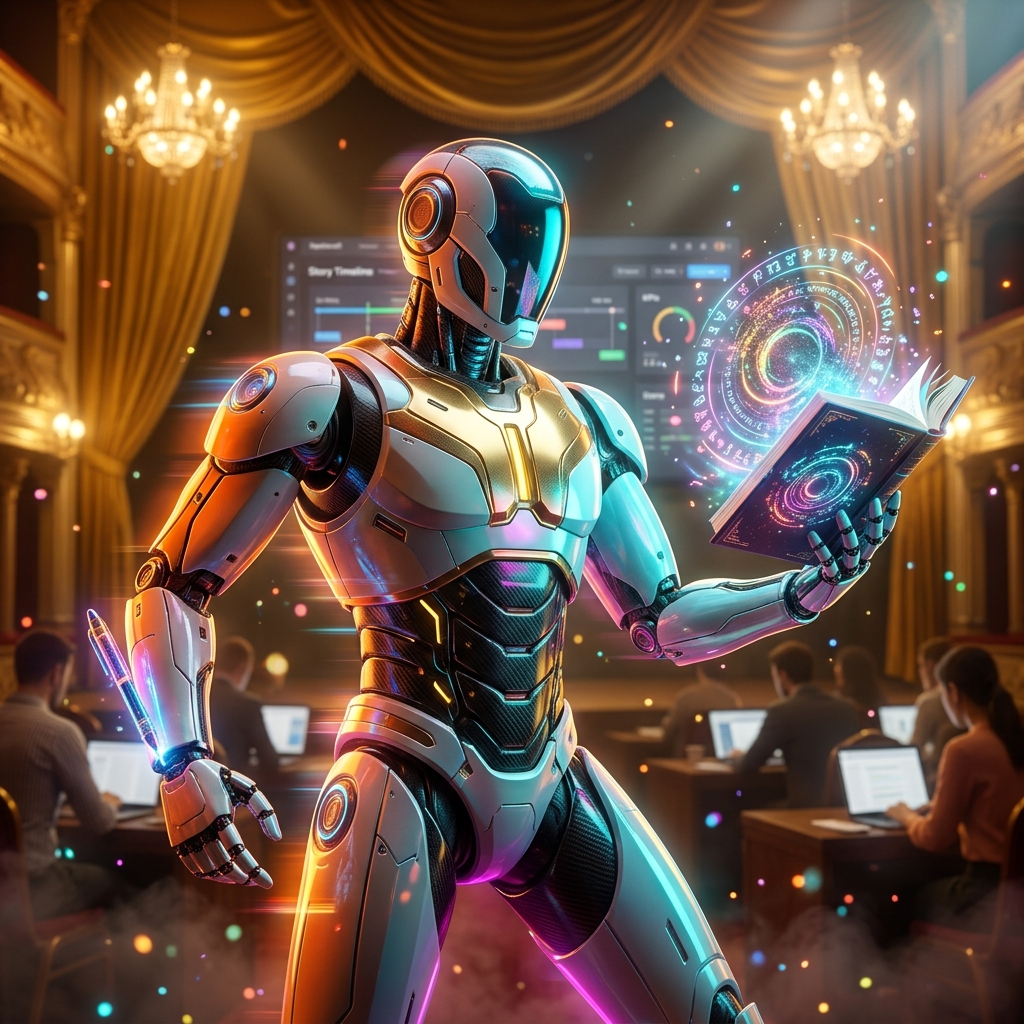 Reportcraft Studio - Production Suite for Journalists — Writing category hero — sci-fi wizard robot with a floating spellbook of holographic glyphs and light particles in golden-lit theater interior with heavy velvet curtains and cinematic chandeliers