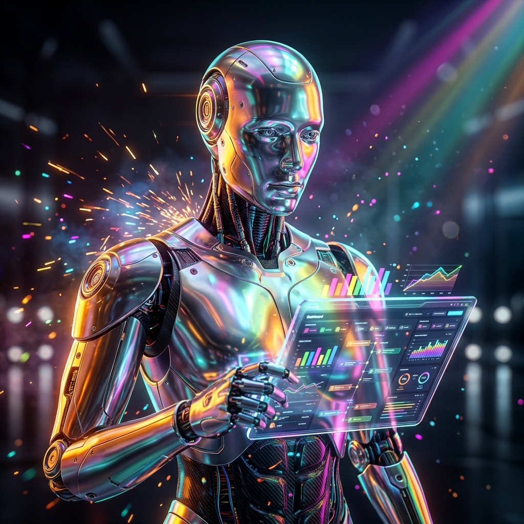 ReputeOps | Case Command Center for Reputation & Review Manageme — Business Management category hero — chrome-plated bipedal android caught mid-motion, sparks and light particles trailing around it in chrome-and-glass showroom with mirrored floor and rim-lit product staging