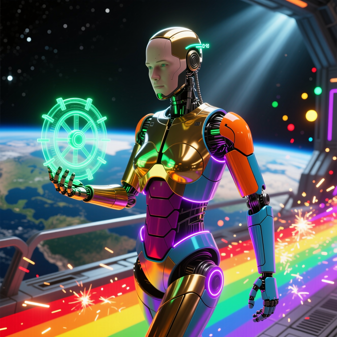 RescueLedger Command — Ambulance Readiness Terminal — Version Control category hero — chrome-plated bipedal android caught mid-motion, sparks and light particles trailing around it in orbital space station observation deck with a planet glowing outside the panoramic window