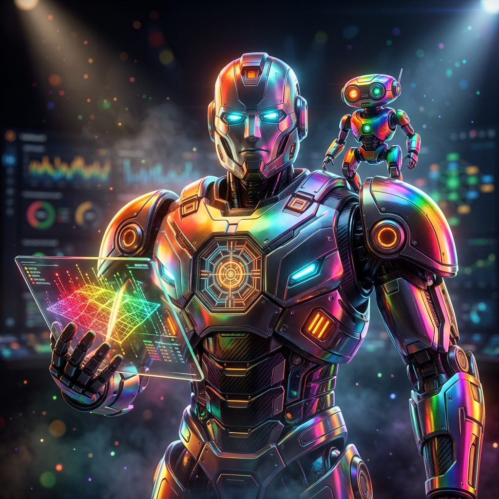 ResilienceGrid — Engineering Reliability Console — Art category hero — duo of contrasting robots — one large hero mech and a small companion droid — composed cinematically in dark cinematic stage with dramatic spotlights streaming down and a hazy atmospheric fog