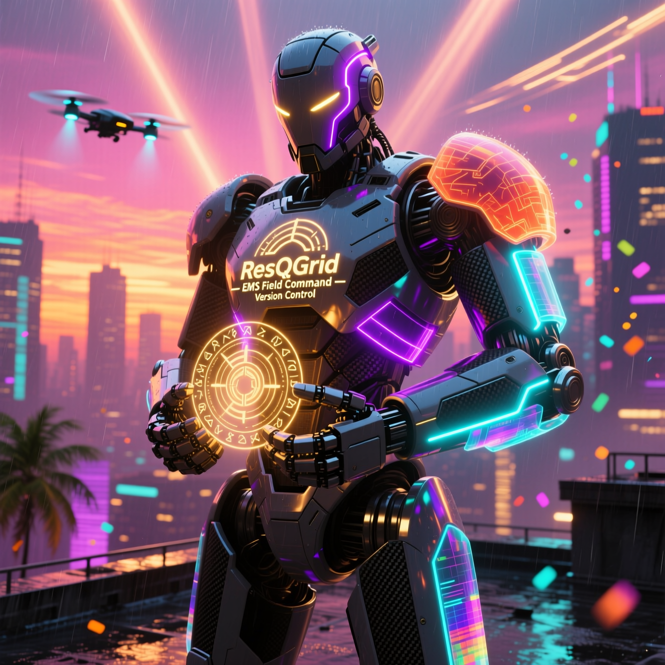 ResQGrid — EMS Field Command — Version Control category hero — heavily armored guardian robot holding a symbolic emblem of the category with both hands in rooftop overlooking a neon megacity skyline at dusk, drones flying in the distance