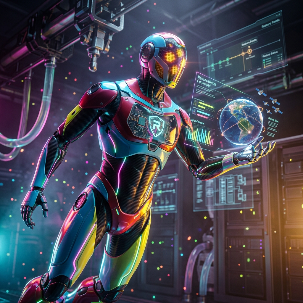 RestorePoint Command — Backup Mission Control — Data Backup category hero — sleek sports-car-inspired bipedal android mid-motion, carbon-fiber musculature and glowing accent lines in Formula-1 style pit garage with saturated color lighting and mechanical detail