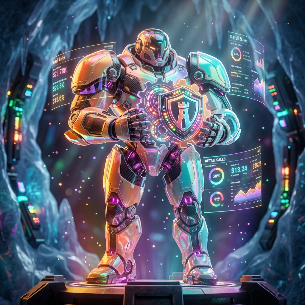 RetailSovereign — Unified Commerce Mission Cockpit — Business Management category hero — heavily armored guardian robot holding a symbolic emblem of the category with both hands in crystalline ice cavern lit by bioluminescent tech installations
