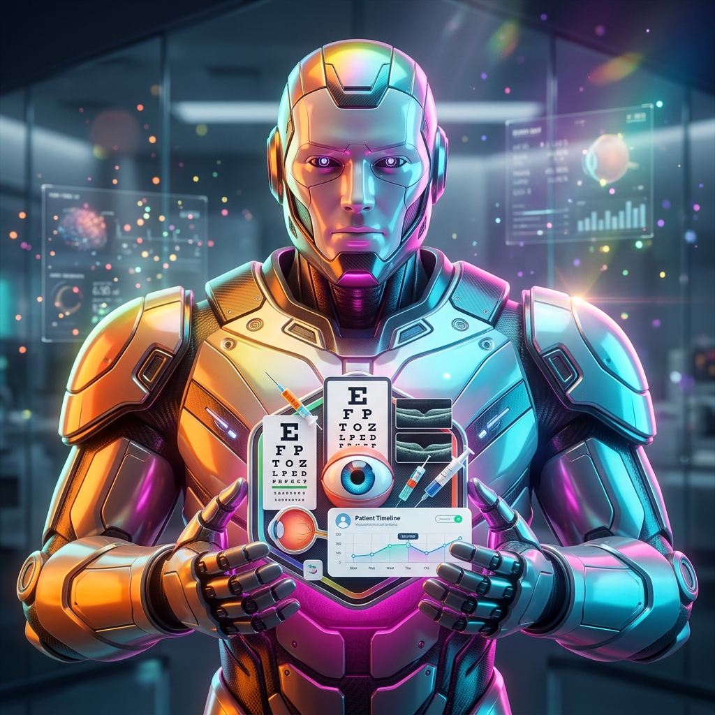Retina Follow‑up Manager — Rethinalis — Health category hero — heavily armored guardian robot holding a symbolic emblem of the category with both hands in sleek high-tech laboratory with glass walls, floating data panels and particle light